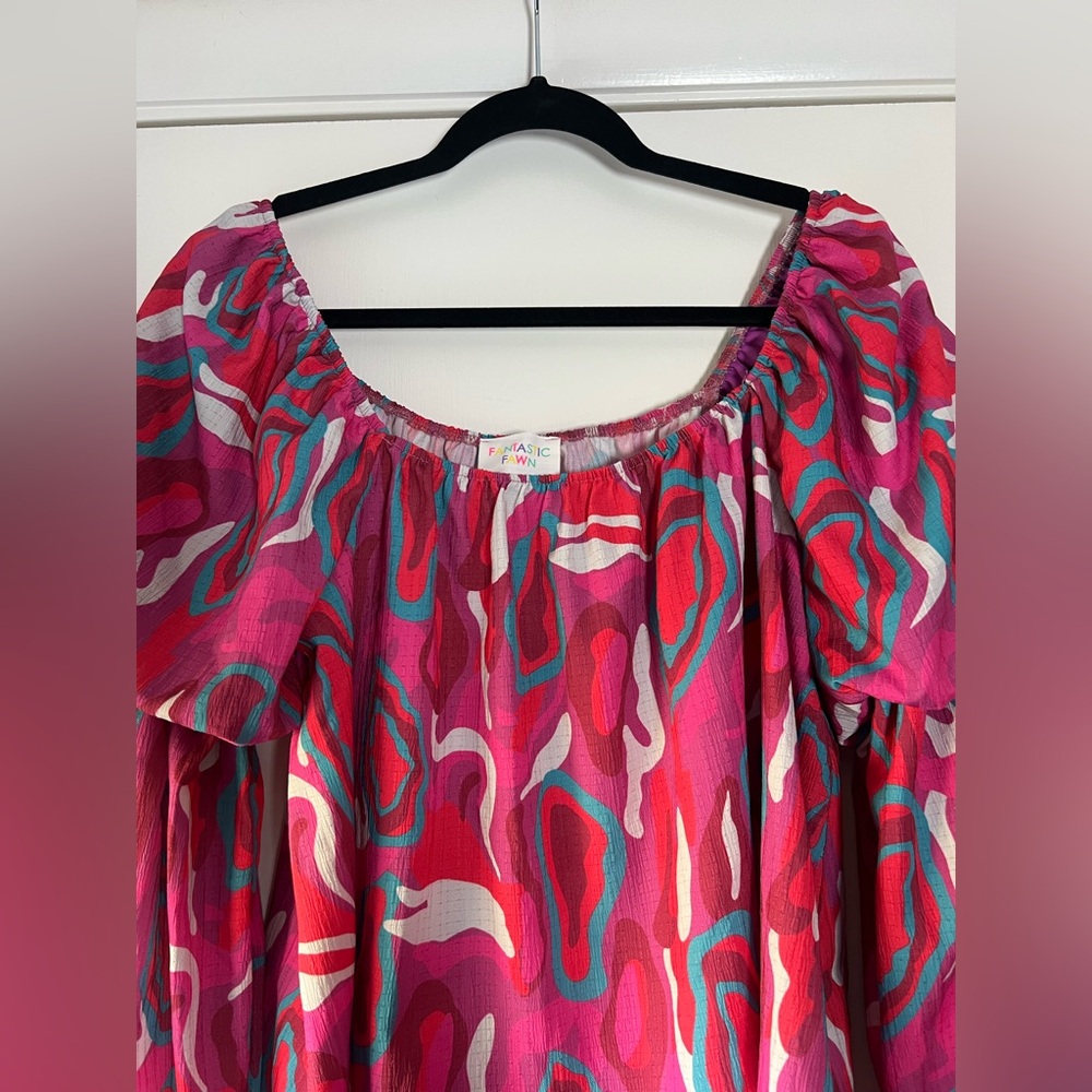 Fantastic Fawn Gathered Puff Sleeve Multi Color Blouse Pink White Teal Medium - Picture 5 of 10